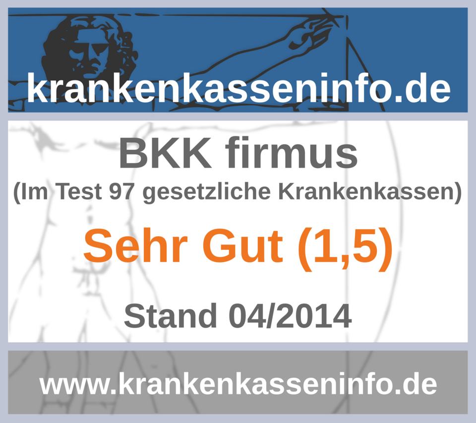 Siegel "SEHR GUT" Bewertungsgrafik für BKK firmus: Sehr Gut (1,5) von krankenkasseninfo.de, vom 04/2014.