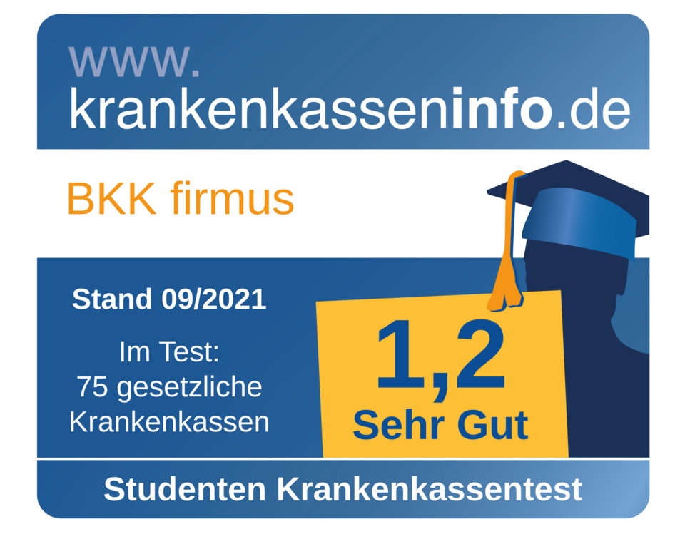 Großer Studenten-Krankenkassentest September 2021 Bewertungsplakette für die BKK firmus mit der Note 1,2 (Sehr Gut) im Krankenkassentest 2021 für Studenten.