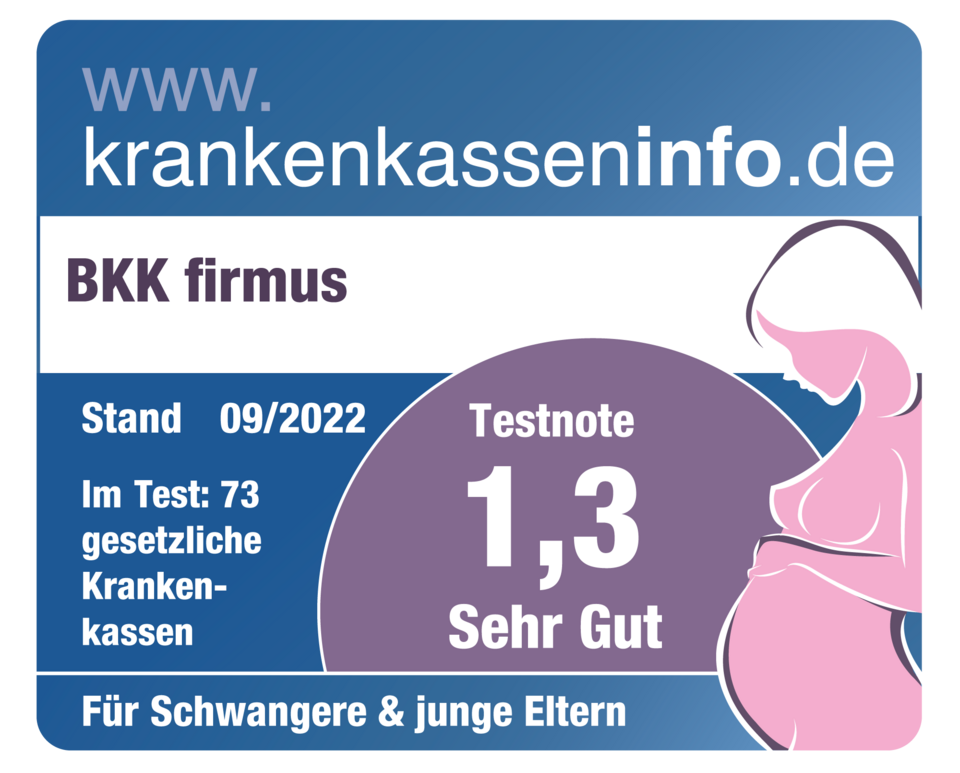 Illustration einer schwangeren Frau und Testurteil für die BKK firmus: 1,3 Sehr Gut für werdende und frischgebackene Eltern.